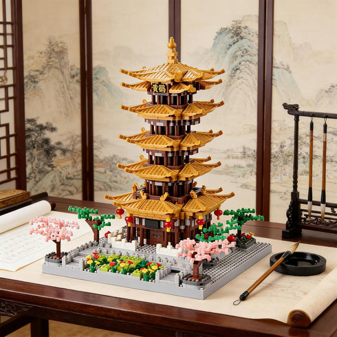 Set 14+ 2200 JXRLMB Chinese Ancient Famous Architecture Micro Building Blocks for Adults Yellow Crane Tower with Sakura