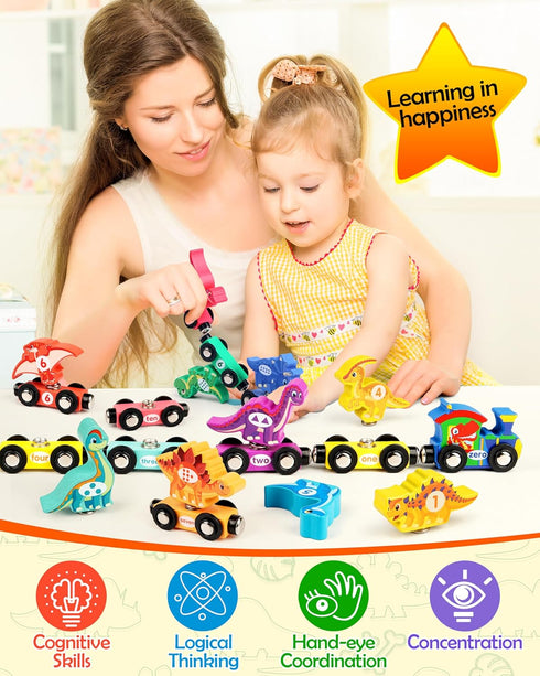 Helsort Set, Counting 3-5 Wooden Dinosaur Train Magnetic Dinosaur Toys and Number Train for Toddlers, Educational