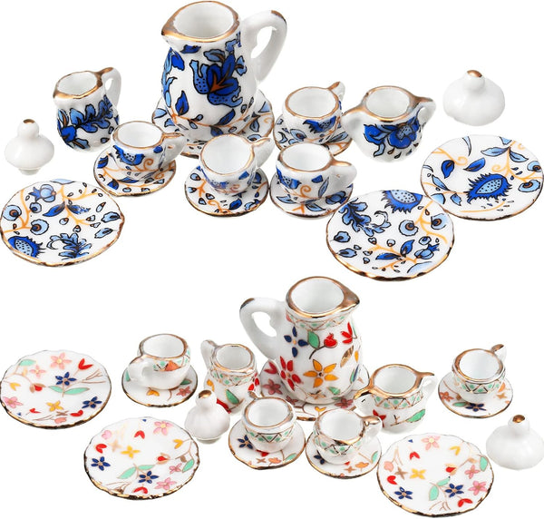 Geiserailie 2 Set Miniature Porcelain Tea Cup, 30 Pieces Dollhouse Kitchen Accessories with Golden Trim