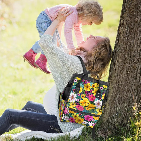 Hsnar Backpack Small Flower Pattern Waterproof Diaper Bag Large Capacity Baby Bag with Stroller Straps, Multi-Pocket