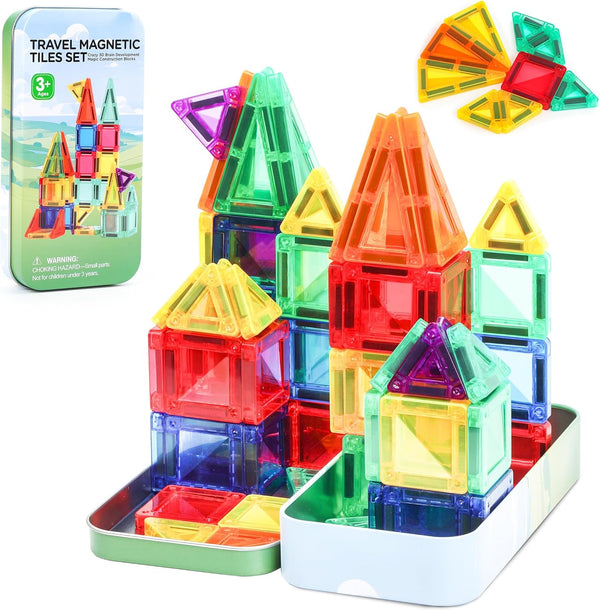 Mini Magnetic Tiles Toddler Travel Toys with Iron Box, STEM Educational Travel