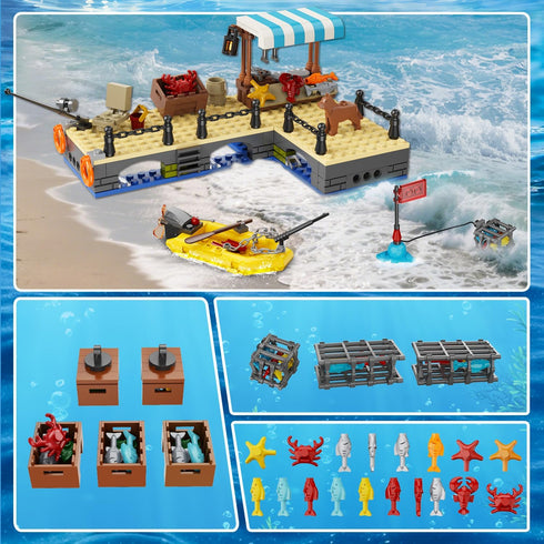 Set 6 7 8 9 10+, 762PCS City Fishing Boat Wharf Building - Floatable Sea Fishing Ship Building Block Kit with Speedboat