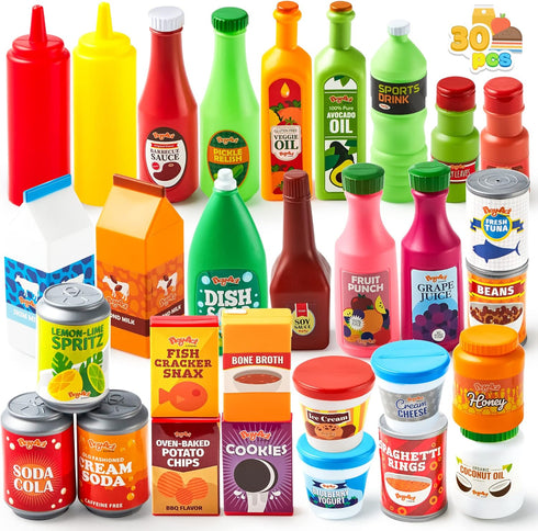 JOYIN 30Pcs Play Food Grocery Cans, Play Kitchen Accessories for Kids Gifts & Indoor Toys