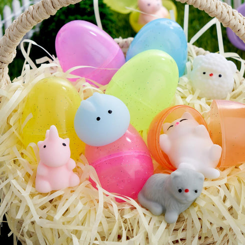 24 JOYIN Pcs Easter Prefilled Eggs with Mochi Squishy Toys, Animal Stress Reliever Squishy Toy for Glitter Transparent