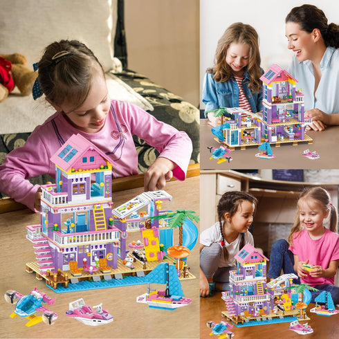 955 Set,Seaside Set,STEM Helicopter,Yacht,Sailboat,Christmas 6-12+ WINGIFT Piece Beach House Building Beach Villa