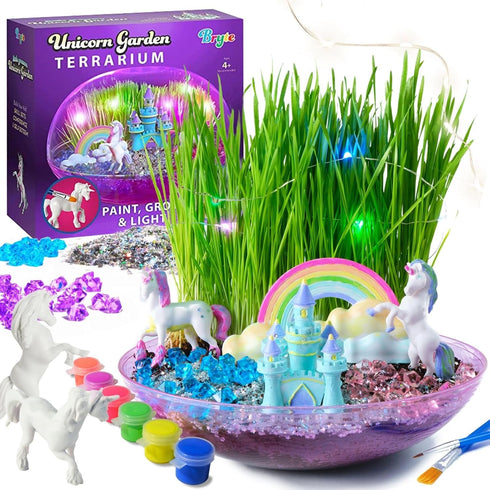 Bryte Light Up Unicorn Terrarium Kit for Kids - Grow Plant, Castle, Paint Set, Fairy Garden Lights, Arts & Crafts