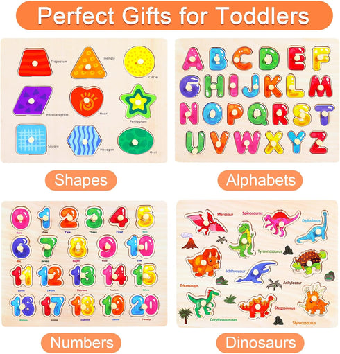 Montessori Wooden Peg Puzzles, 4 Pcs Educational Toys for Toddlers 2-5 Years, Alphabet, Shape, Number, Dinosaur Gifts