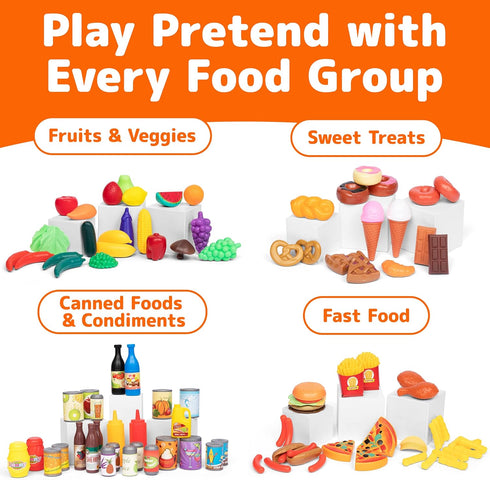 Jaxojoy 122 Piece Pretend Play Food Set for Kids - Toy Food for Kids Kitchen Set, Pretend Play Kitchen Food, Kids Kitchen Accessories Set