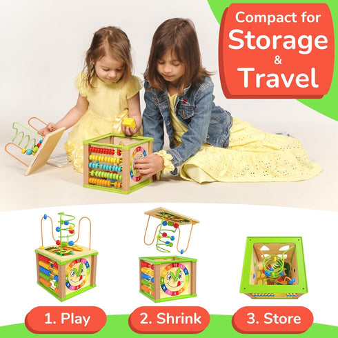 TOYVENTIVE Wooden Activity Cube, Montessori Toys, Educational Sensory Toy for 1-2 Year Old Baby, Toddler, Kid