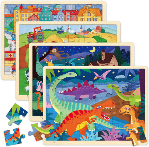 Wooden Puzzles for Kids Ages 3-5, 4 Packs of 24 Piece Jigsaw Puzzles for 3 Year Old Boys Girls