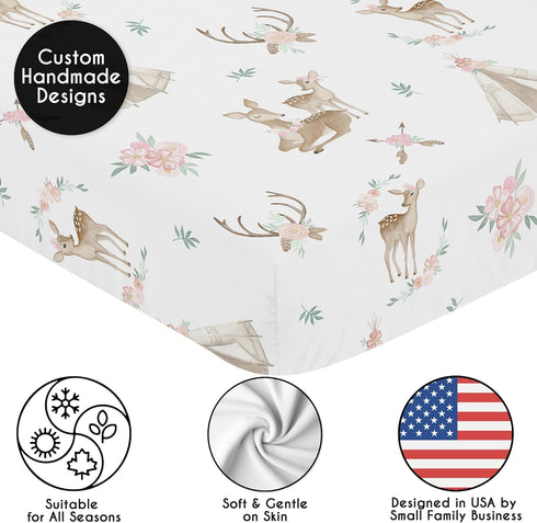 Sweet Jojo Designs Blush Pink, Mint Green and White Boho Baby or Toddler Fitted Crib Sheet for Woodland Deer Floral
