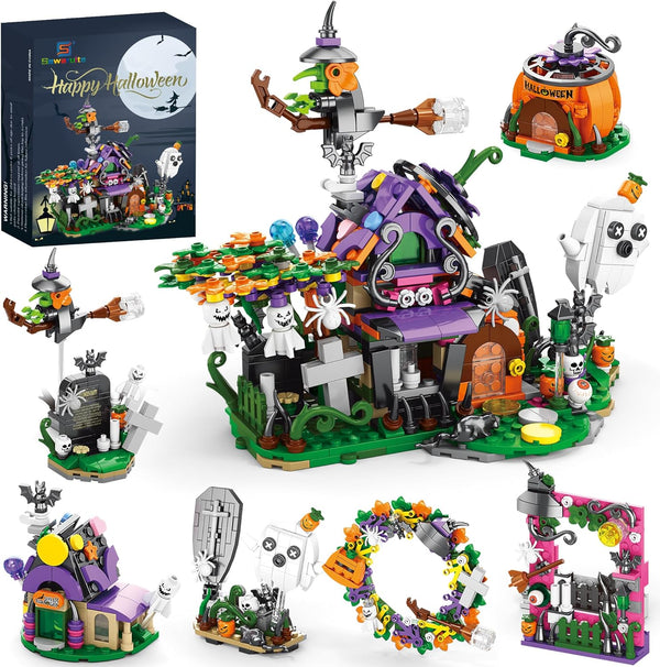 Halloween Haunted House Village Building Set for Kids, Ghost Pumpkin Building Kit for Party Favors, Ages 6+