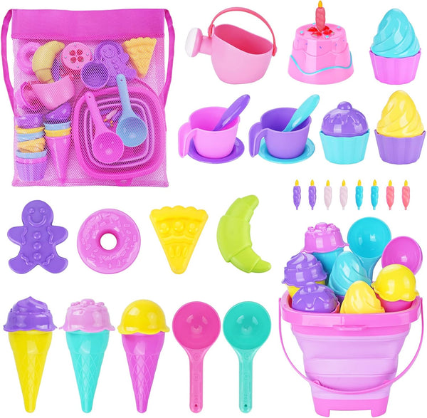 Ice Cream Beach Toys Sand Toys Set for Kids, Collapsible Sand Bucket and Shovels Set with Mesh Bag, Sandbox Toys for