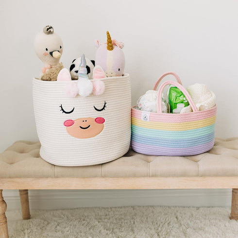 OrganiHaus Pastel Rainbow Nursery Storage Basket, Cotton Rope Toy & Diaper Caddy Organizer with Handles, Baby Diaper