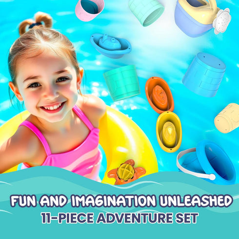 11pcs Set 1+, Water Time Buddies Toddler Water Toy with Watering Can, Boats, Toy Animals, Stacking Cups & Buckets