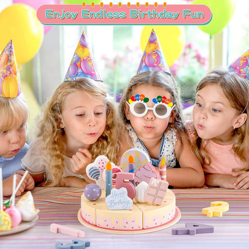 Set Birthday Party Cake Toys, Wooden Play Food for Kids Toddlers, Play Kitchen Toys for Boys Girls, Educational Toys