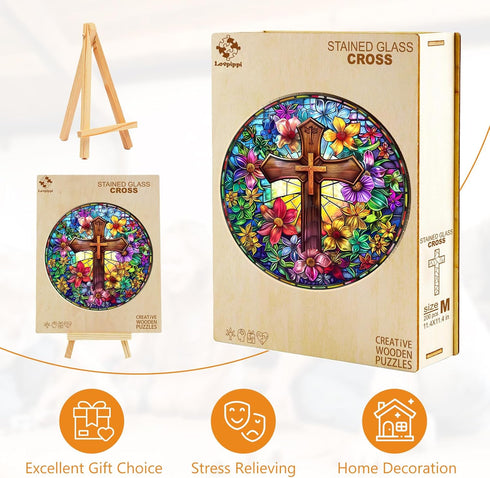Decor(L-13.4 13.4in 300pcs) Wooden Puzzles for Adults, Stained Glass Cross Wood Puzzles Adult, Unique Animal Shaped