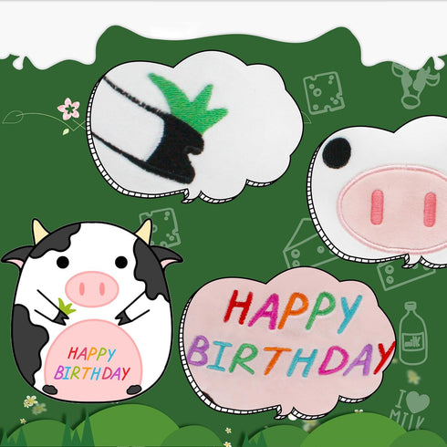 14.5" Birthday Cow Plush Pillow, Cute Black Cow Stuffed Animal Body Pillow for Kids Birthday Decoration Gifts