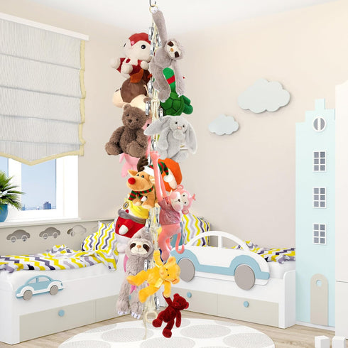 Stuffed Animal Storage Hammock Corner - Hanging Stuffed Animal Holder with 20 PCS Metal Clips, Boho Stuffed Animal Organizer Chain for Hanging Hats Socks Holiday Cards by Dorblely