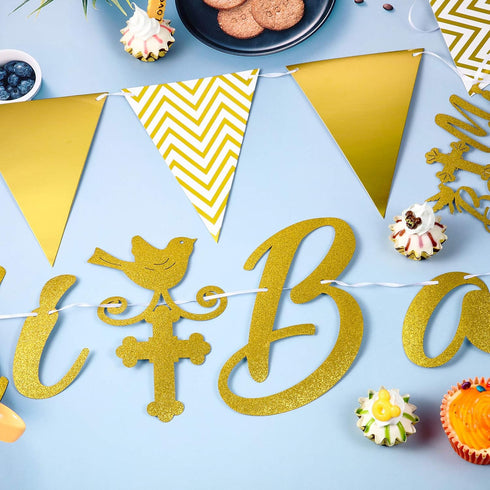 Gold Glitter Mi Bautizo Banner, Mi Bautizo Cake Topper Decorations, First Holy Communion Decorations for Baby Shower