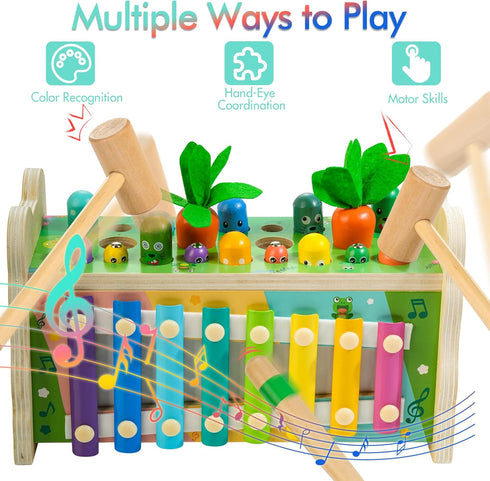 6 in 1 Wooden Montessori Toys for 1 Year Old - Whack-A-Mole Hammering Pounding Toy with Xylophone, Educational Gift