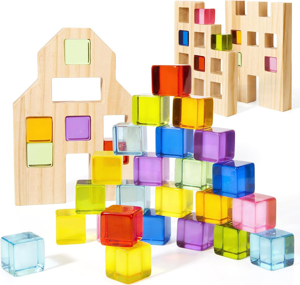 Wooden Building Blocks Set for Kids, 36 PCS Rainbow Acrylic Gem Cubes - Montessori Stacking Toy for Boys Girls 3-6