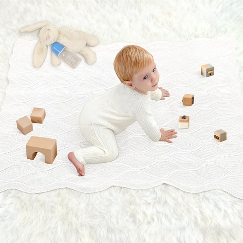 40x31 Inches Thick Cotton Knit Baby Blanket Soft Breathable Newborn Blanket for Boys & Girls, Wavy Pattern Receiving