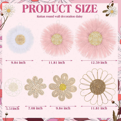 7 Chunful Pcs Boho Wall Basket Decor Rattan Flower Wall Decor Nursery Daisy Flower Woven Macrame Hanging Flowers