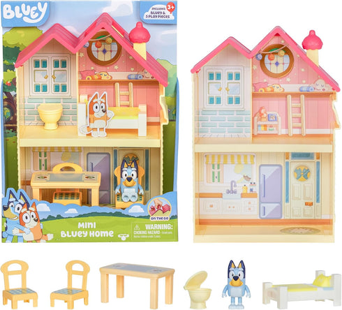 BLUEY Mini Home Playset - Compact House Playset with Carry Handle, Three Rooms and Figure with 5 Play Pieces
