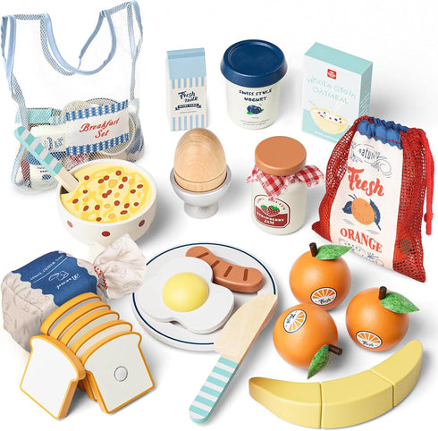 Lehoo Castle Wooden Play Food Set - Montessori Cutting Fruit Egg Bread,