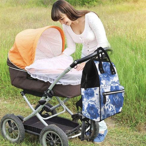 ZSUUGJ Backpack Navy Blue Floral Printed Diaper Bag Baby Bag Multi Function Baby Changing Bags For Travel