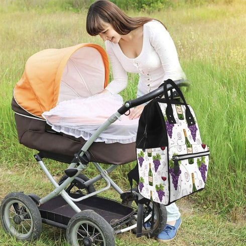 Qewfoju Backpack Backpack Wine Bottles And Grapes Print Diaper Bag Large Capacity Diaper Baby Changing Bags