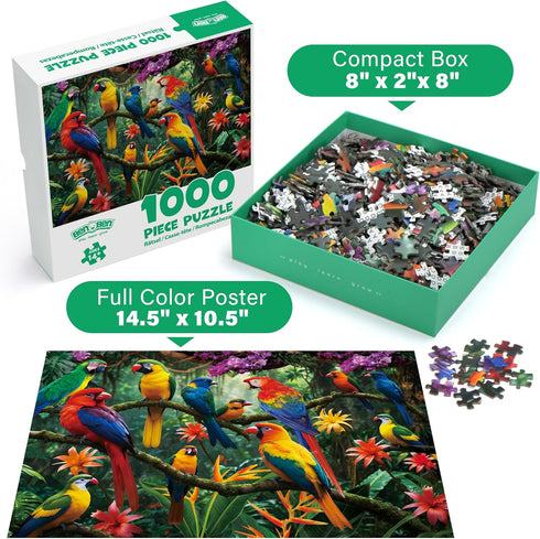 1000 26.63 19.25 BenBen Piece Jigsaw Puzzle for Adults, Jungle Parrots, Puzzles with Letters or Patterns on Back