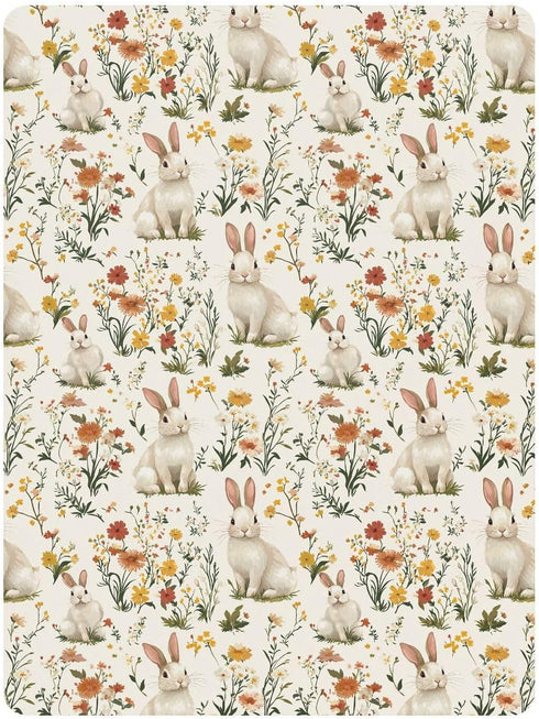 miaozhen 1 Pack 52x28 Cotton Crib Sheets for Baby Boys Girls Ultra Soft Rabbits and Flowers Crib Mattress Sheet