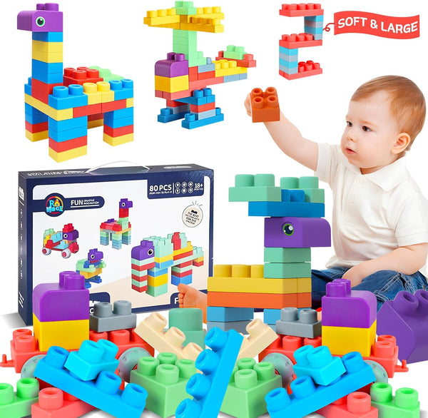 Baby Soft Blocks Set, 80PCS Big Building Block Toys, Soft Rubber Sensory Stacking Toys for Babies 6 Months and Up