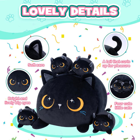 Black Cat Plush Stuffed Animal, Cute Cat with 4 Baby Soft Pillows, Gift for Kids Decor