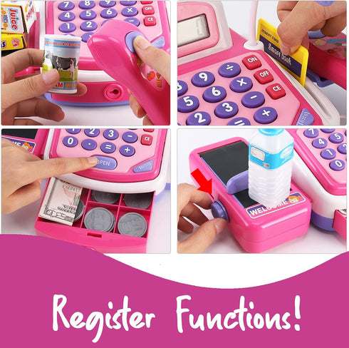 Pretend Play Pink Cash Register Toy - Learn & Play Shopping Kids Toys with Electronic Mic, Scanner, Calculator, Play