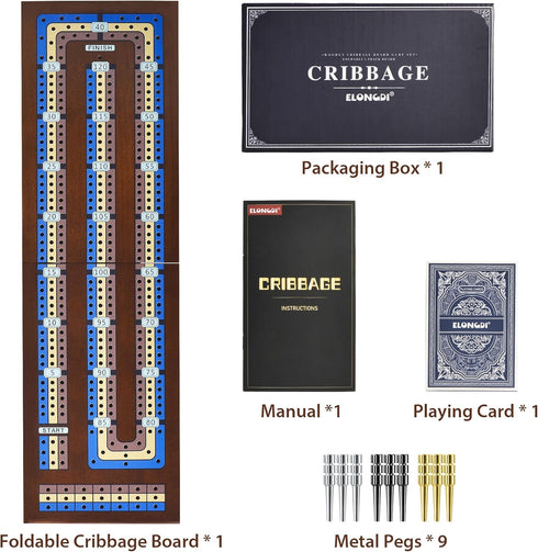 Set, 3 Closure,9 ELONGDI Foldable Wooden Cribbage Board Game Portable Travel Track Cribbage Board with Magnetic Metal