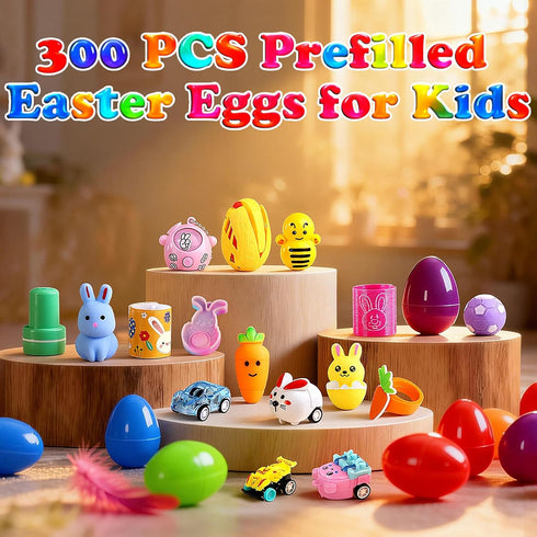 TOAPER 300PCS Prefilled Easter Eggs with Toys, Easter Basket Stuffers, Easter Party Favors, Easter Egg Hunt Prizes