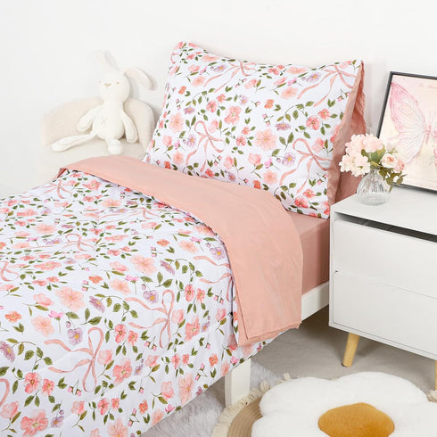 Set 4 Set TANOFAR Floral Toddler Bedding for Girls, Pieces Soft Microfiber Crib Bed Including Reversible Comforter