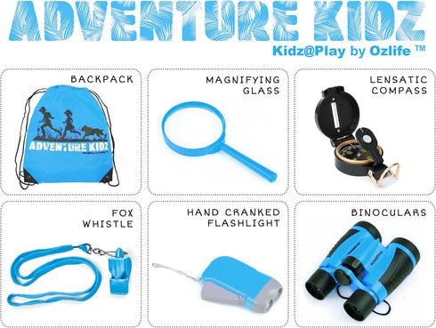 Adventure Kidz Outdoor Exploration Kit - Children’s Toy Binoculars, Torch, Compass, Whistle, Magnifying Glass, Backpack