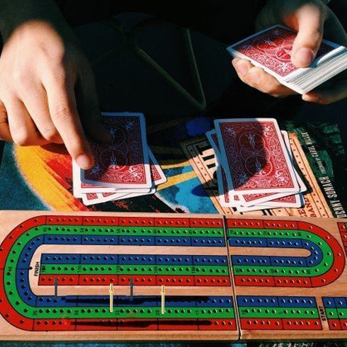 FUNPENY Traditional Wooden Cribbage Board Game Set, 3-Track with Metal Pegs and Deck of Cards