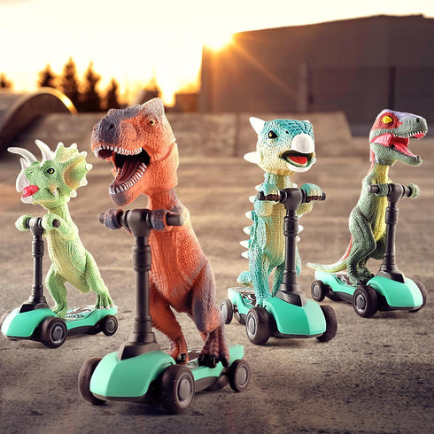 DINOBROS Dinosaur Scooter Toys - Pull Back Cars Mini Finger Kick Scooters, Dino Gift Sets for Kids 4-Pack
