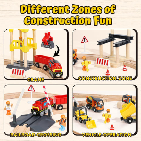 68PCS Set Set 2-4, Playset 3 Lehoo Castle Wooden Train - Toy Train for Toddlers Wooden Train Track for Kids w/Crane