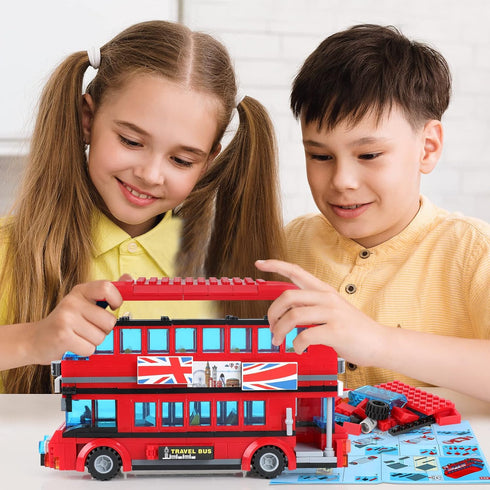 City London Bus Station Building Blocks Set, Double Deckers London Travel Bus and Station, STEM Play Toys