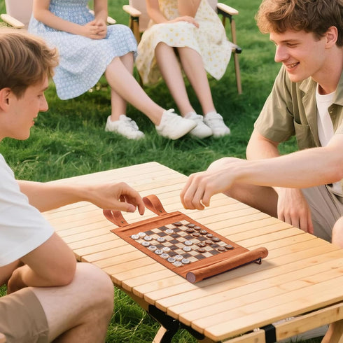 Woodronic 3 in 1 Travel Chess Set, Roll-up Leather Backgammon with 32 Premium Pearl Pieces, 5 Dices, Portable 13x10 Inch