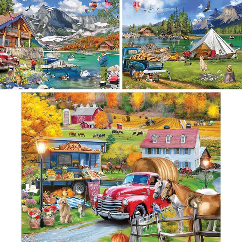 Set 300 18" 24" Bits and Pieces Value of Three Large Piece Jigsaw Puzzles for Adults Lake & New England Farm Jigsaw