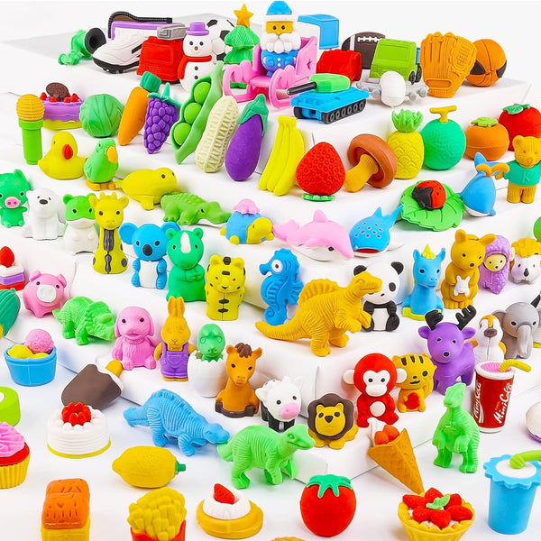 110Pcs Animal Erasers Kids Pencil Erasers Bulk - Mini Animal Food Toys, Classroom Rewards, Game Prizes