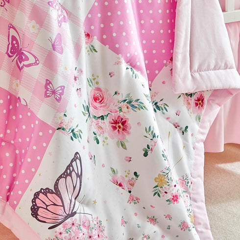 Set 3 Set Patchwork Crib Bedding Butterfly Plaid Floral Design Pieces Baby Girl Cute Quilted Comforter with Fitted