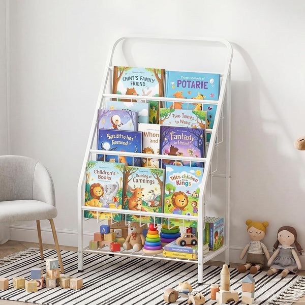JAQ White Kids Bookshelf, 4-Tier Metal Book Display Rack for Small Spaces,